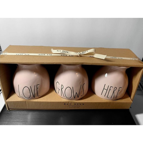 RAE DUNN Pink Love Grows Here Mini Ceramic Vases NWT - Picture 5 of 7